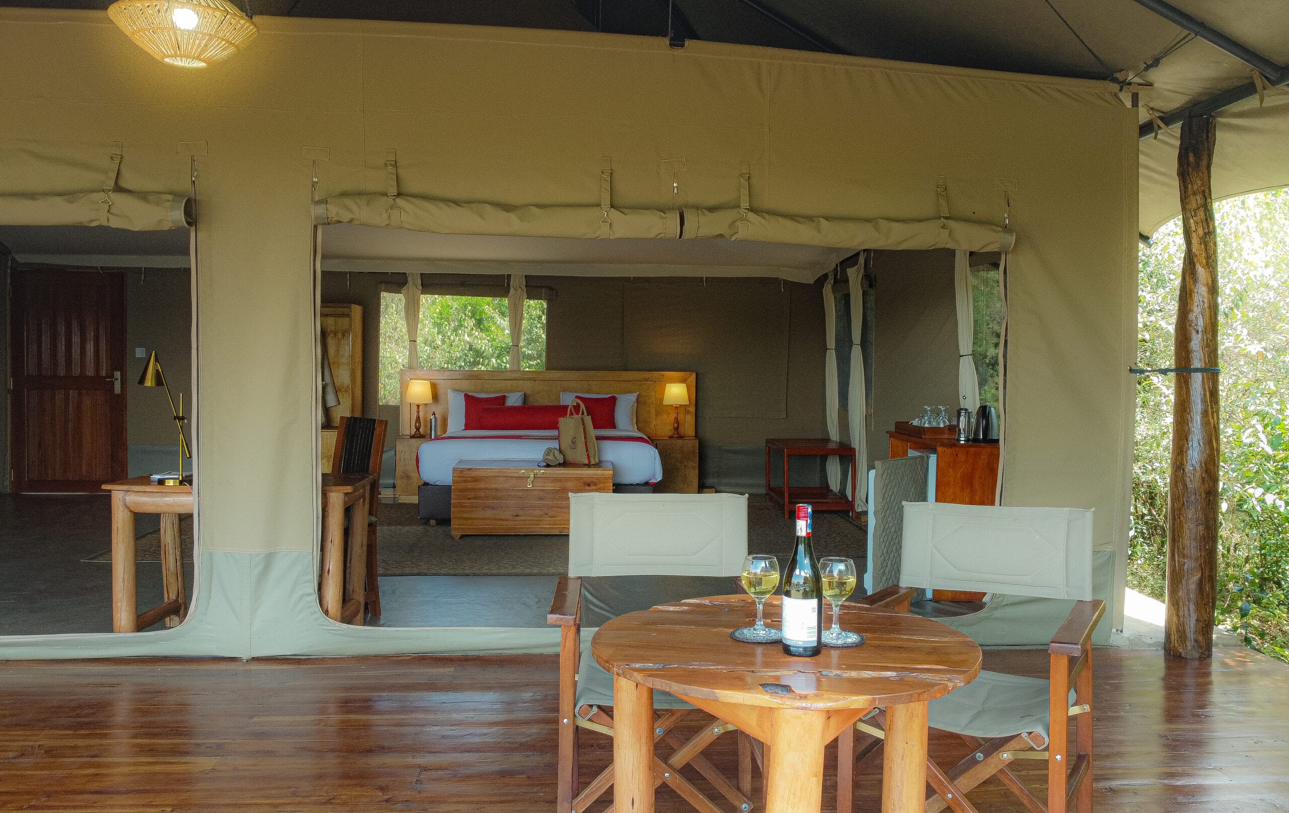 The deck of a luxury tent at Tembo Spirit Boutique Camp